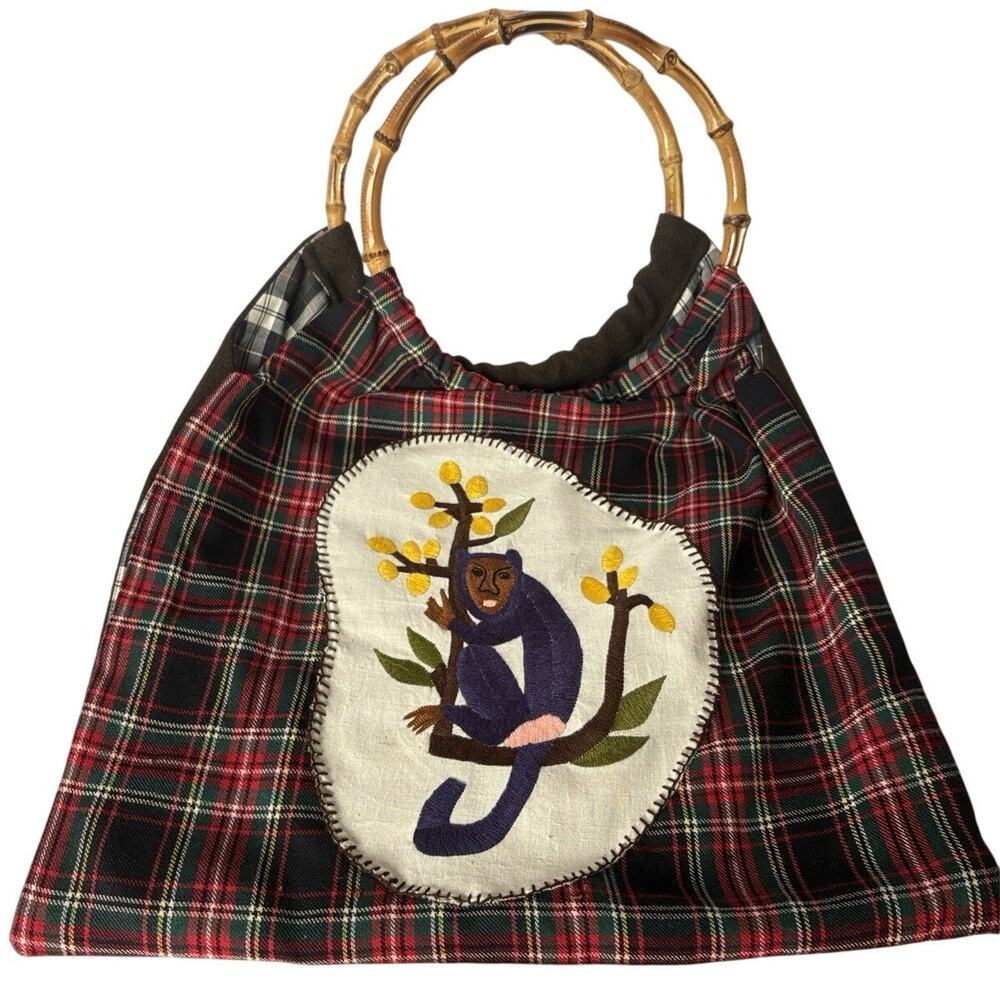 MayaBags Monkey Purse Whimsical, Bamboo Handle Plaid, Handmade Quirky Weird Cute